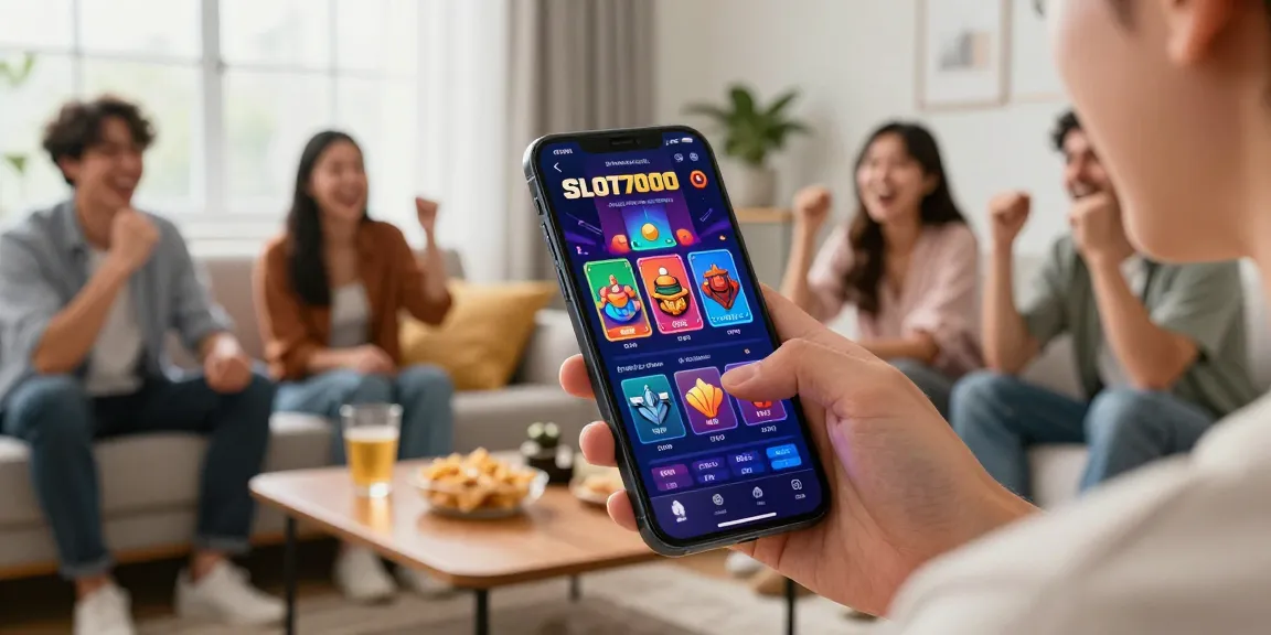 SLOT7000 user engaging in online gaming on smartphone in a bright living room, showcasing vibrant digital interface.