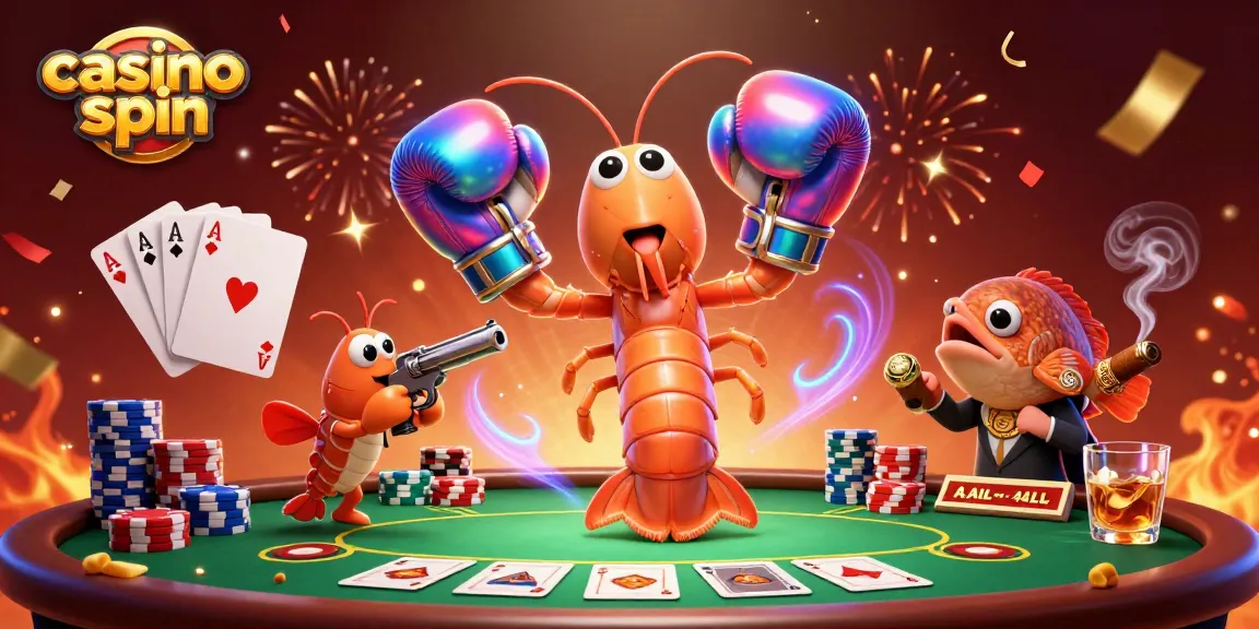 Experience thrilling casino spin action with vibrant characters and poker elements in a festive setup.