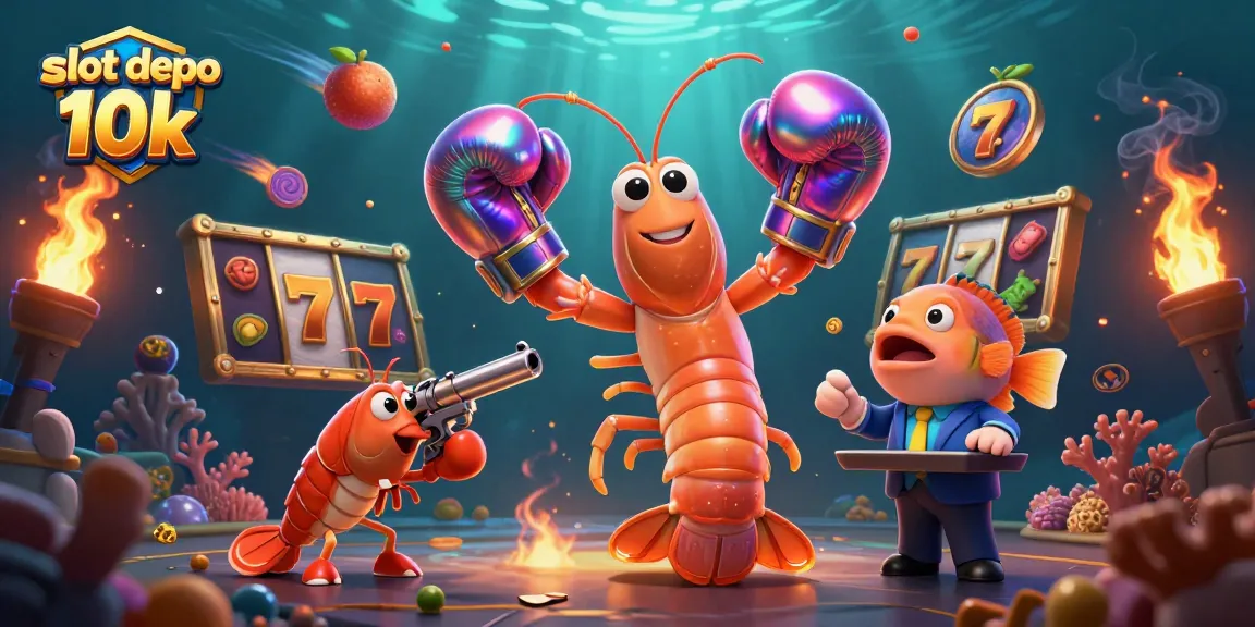 Experience thrilling wins with slot depo 10k as colorful 3D shrimp engage in a dynamic casino scene.