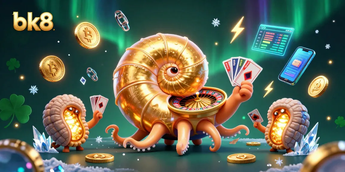 Engage with bk8's unique gaming experience featuring a nautilus roulette wheel and glowing crypto coins.