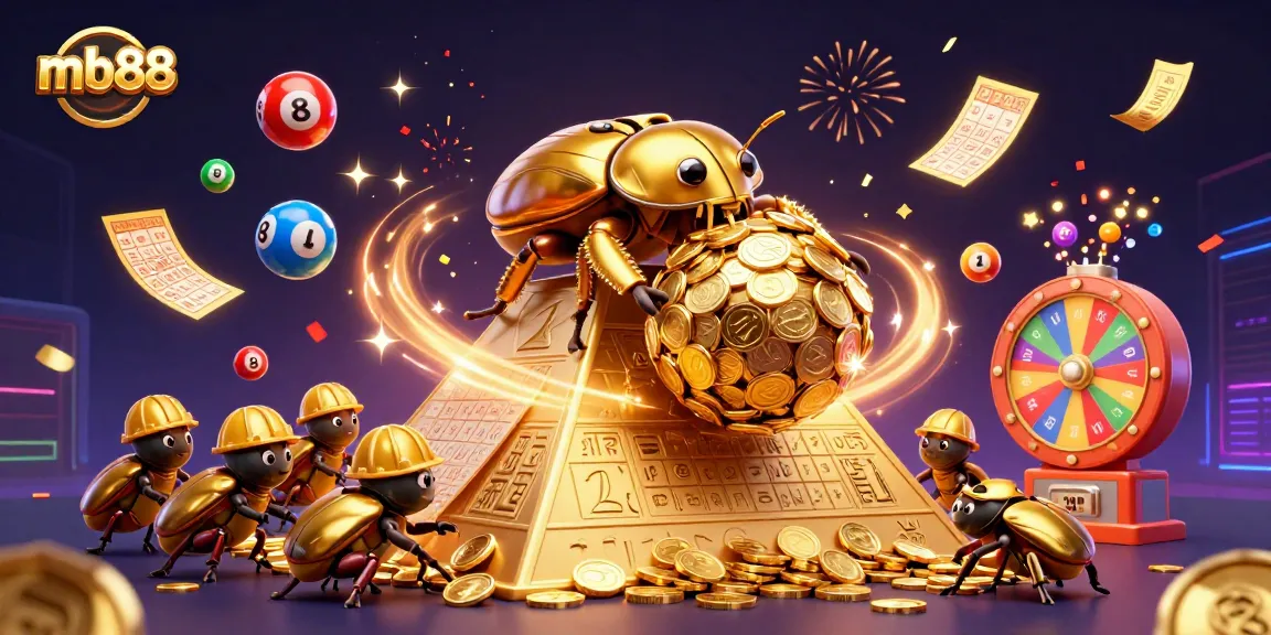 Experience the excitement of mb88 with a dynamic illustration of golden beetles and casino elements.