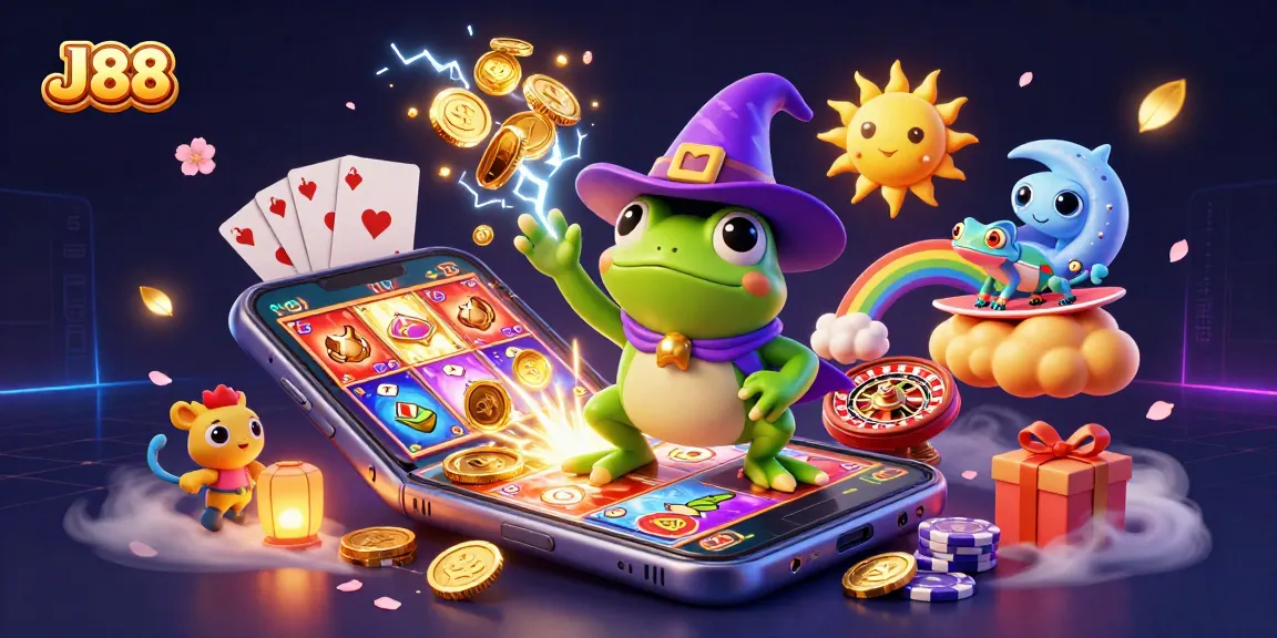 Engage with J88's vibrant online casino scene featuring golden coins, slot games, and playful characters.