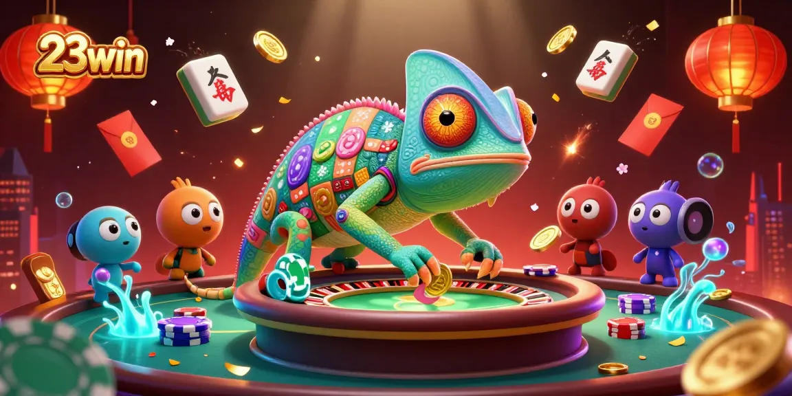 Experience the dynamic casino scene at 23win, where a lively chameleon owner captures golden coins while gaming elements abound.