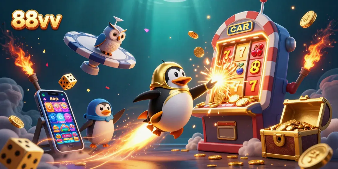 Win big with 88vv's vibrant cosmic casino scene featuring a penguin rocket and exciting slot action.