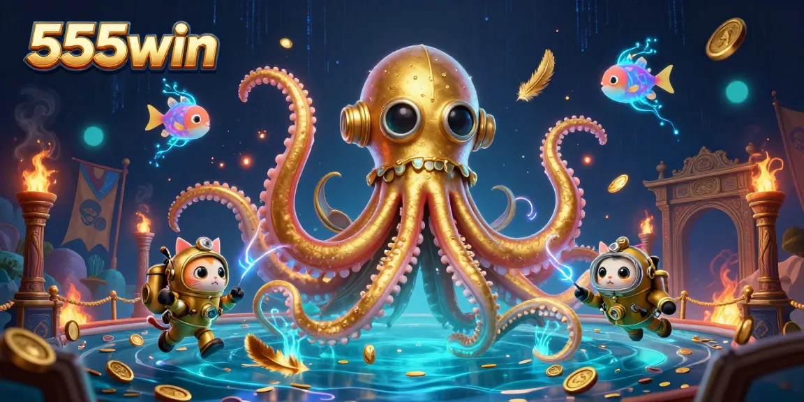 Experience thrilling gameplay at 555win with a colossal kraken and diving cat in a vibrant casino scene.