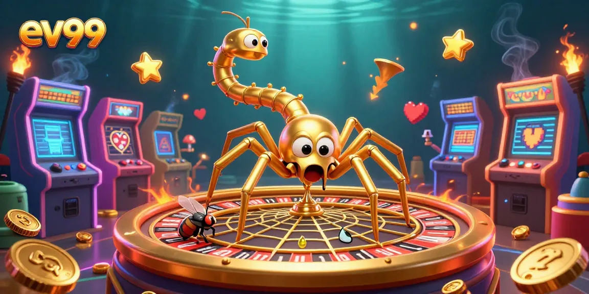 Experience the excitement of ev99 with a betting scene featuring a golden spider and dynamic casino elements.