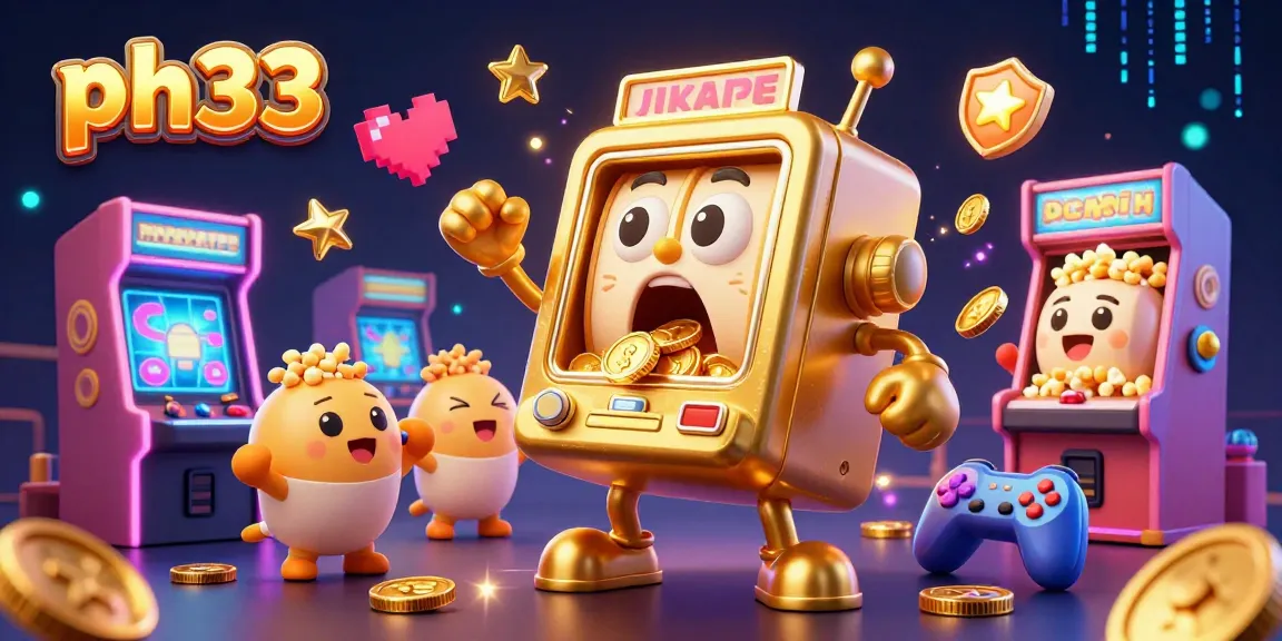 Experience the excitement of ph33 with a golden slot machine celebrating its jackpot surrounded by vibrant gaming elements.