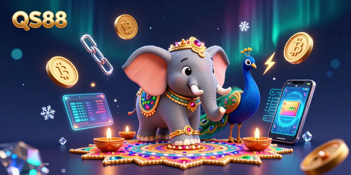 Experience excitement at QS88 with a colorful 3D casino scene featuring vibrant characters and crypto elements.