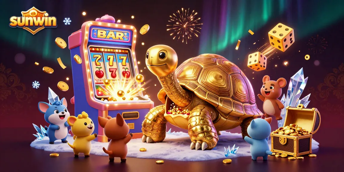 Experience sunwin thrills with a colossal tortoise pinball machine amidst a jackpot explosion of casino games.