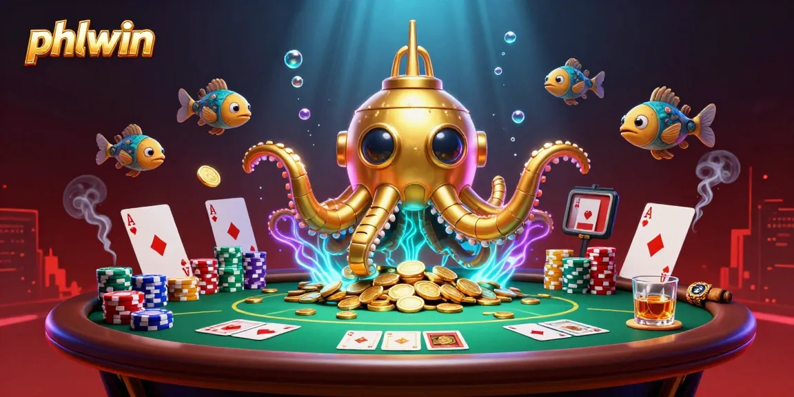 Experience thrilling action at phlwin casino underwater scene with a golden kraken submarine amidst poker elements.