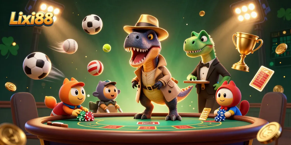 Lixi88 offers a thrilling blackjack scene with a velociraptor card counter, showcasing excitement and gambling action.